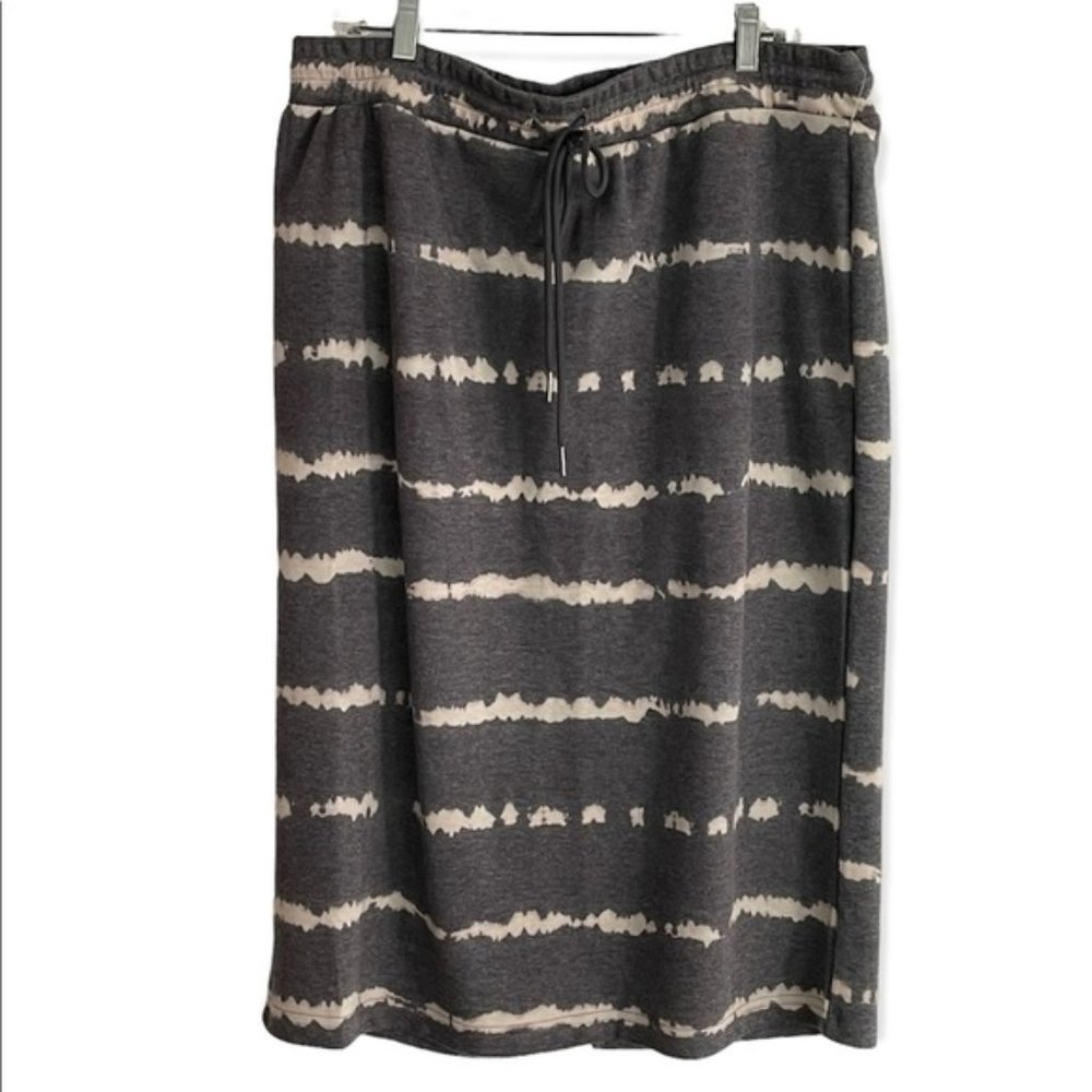C BY ONE Midi Skirt Drawstring below knee tie dye grey 1X NWT